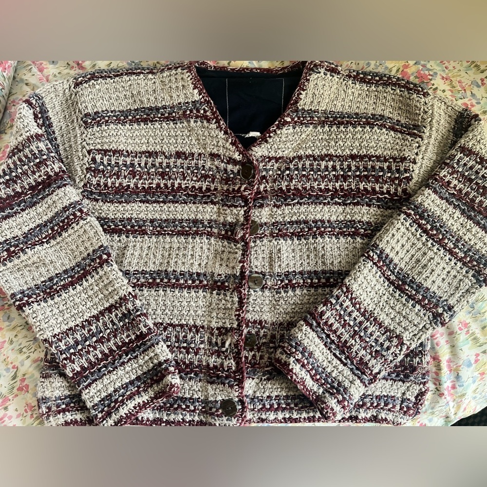 Laura Ashley Lundy Island Silk/Linen Woven Knit Button Front Cardigan Sweater